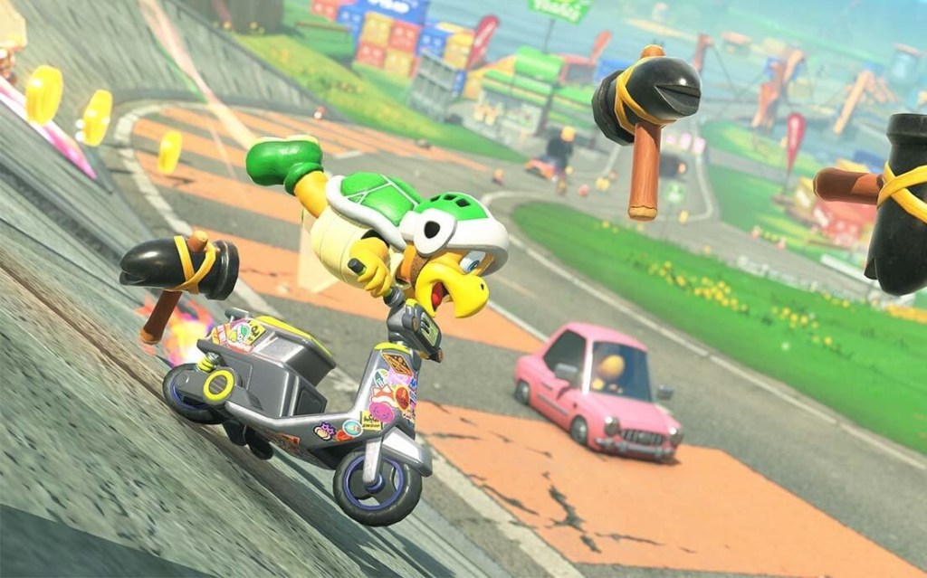 A video game scene of a cartoon character riding a scooter