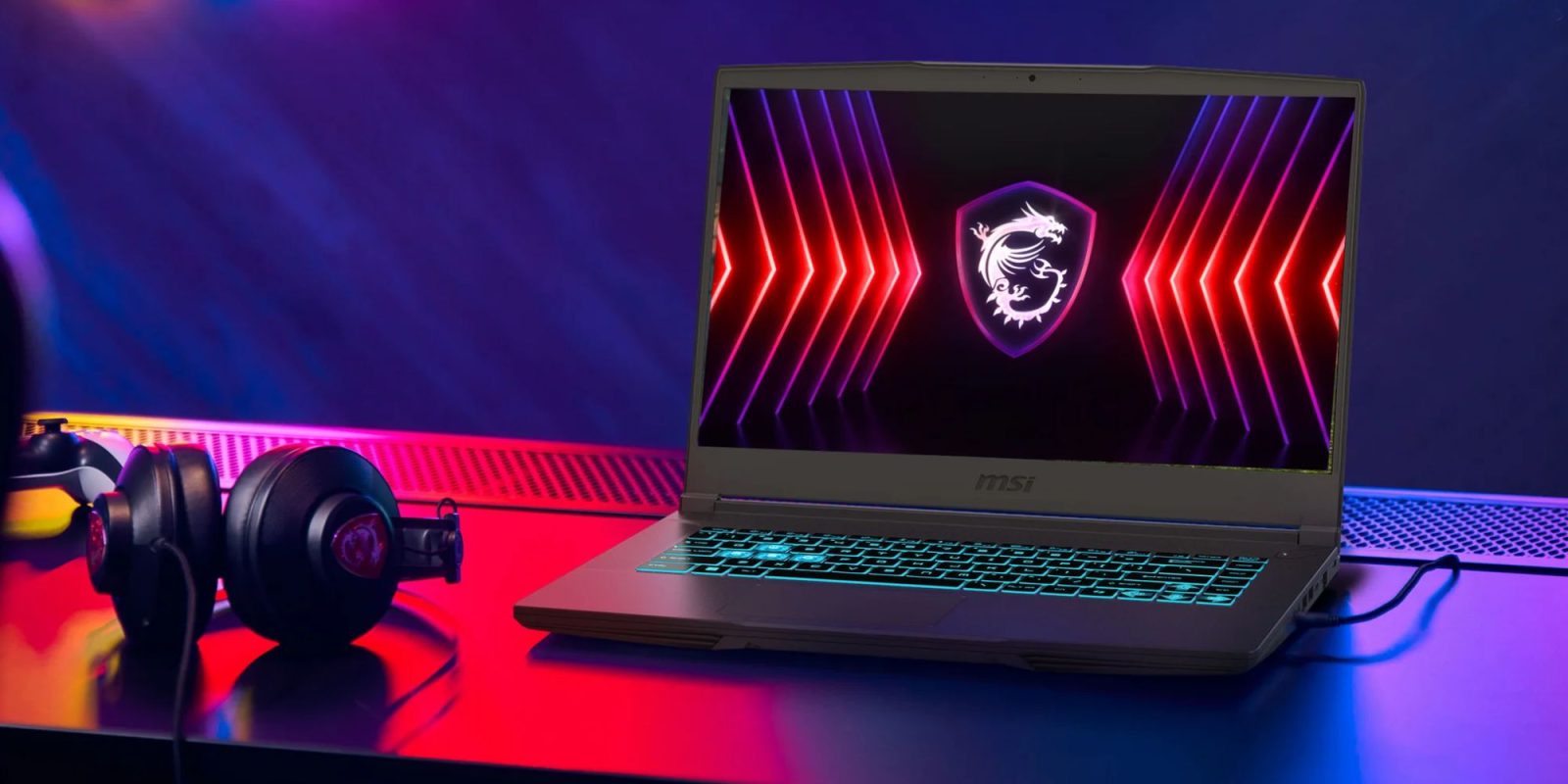 Image showing an MSI Thin gaming laptop on a desk.