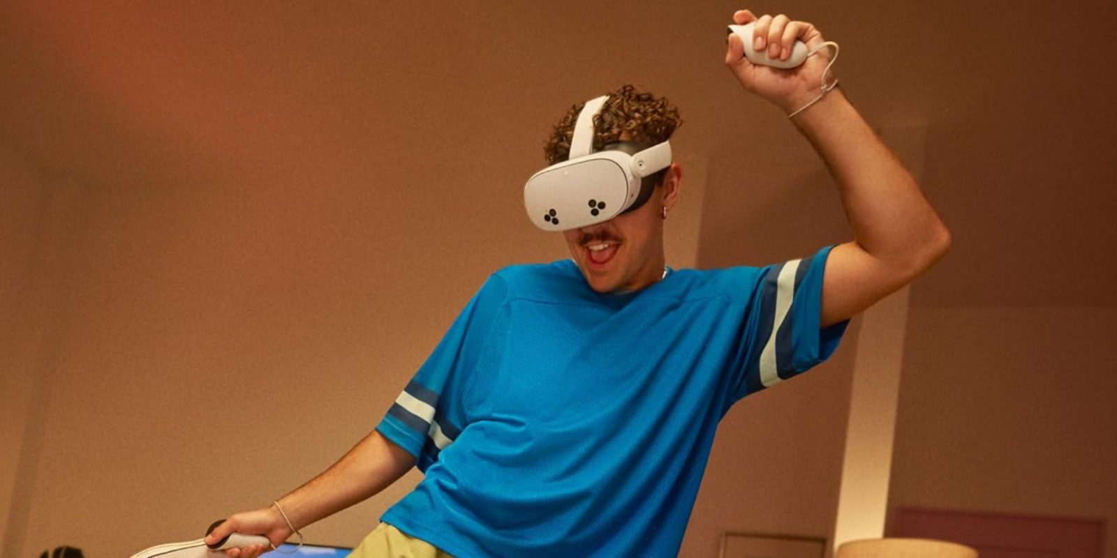 Image showing a person dancing wearing Meta's Quest 3S headset.