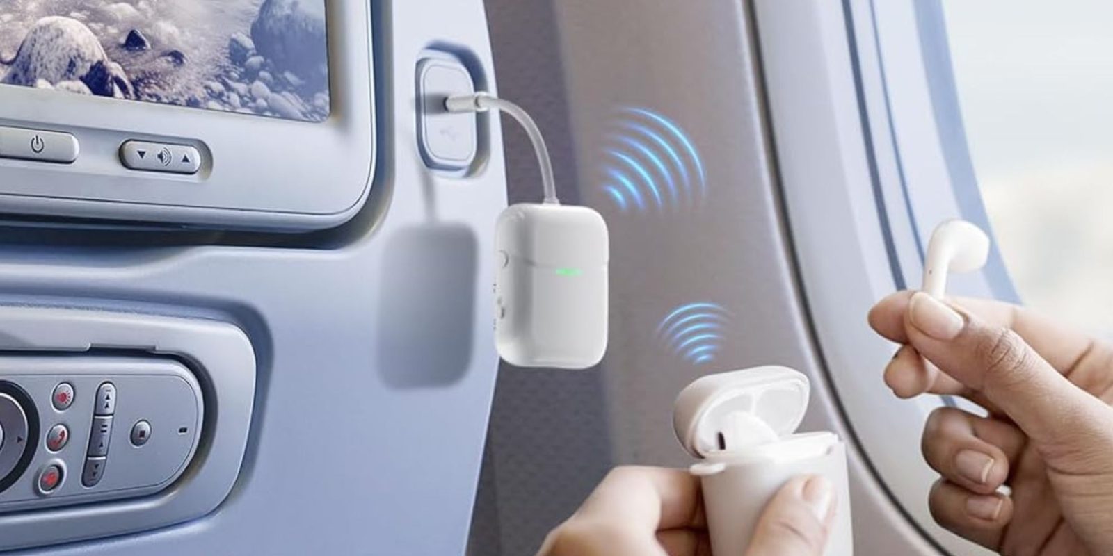 Image showing a person holding AirPods connected to Nulaxy's Bluetooth transmitter.