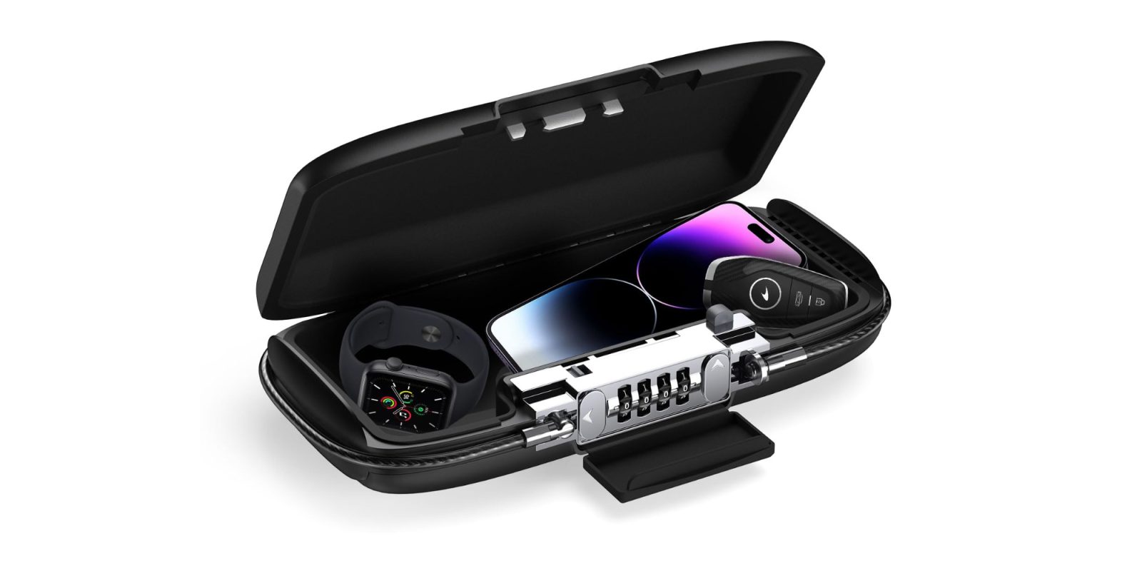 A black case with a lock and a phone and a key