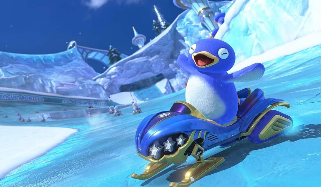 A cartoon character on a snowmobile