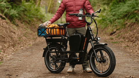 A person standing next to a black electric bike