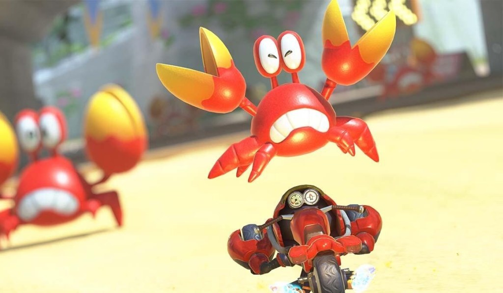 A cartoon crab riding a motorcycle