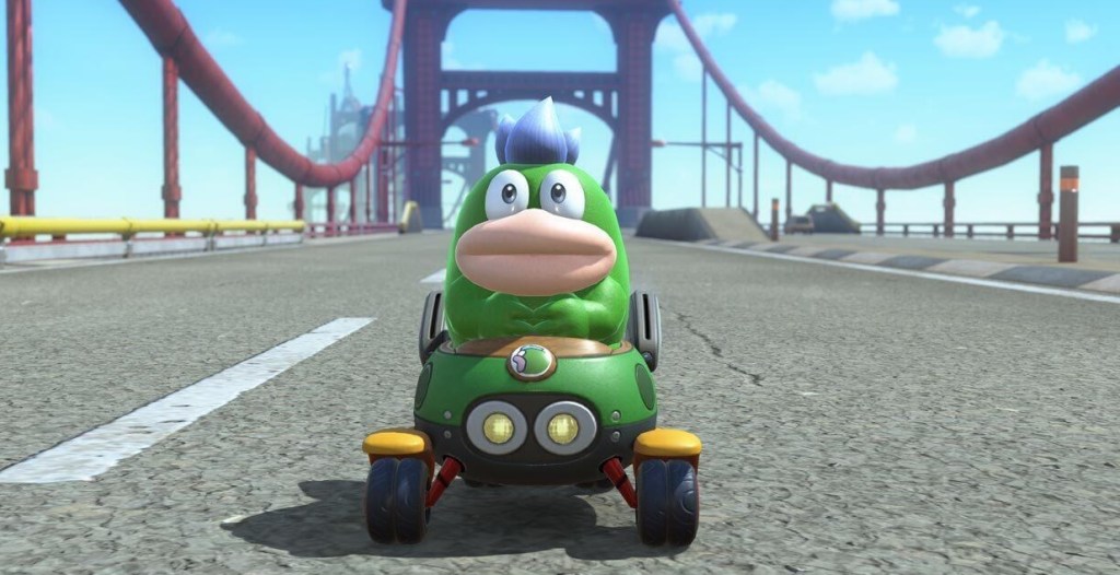 A cartoon character driving a car on a road