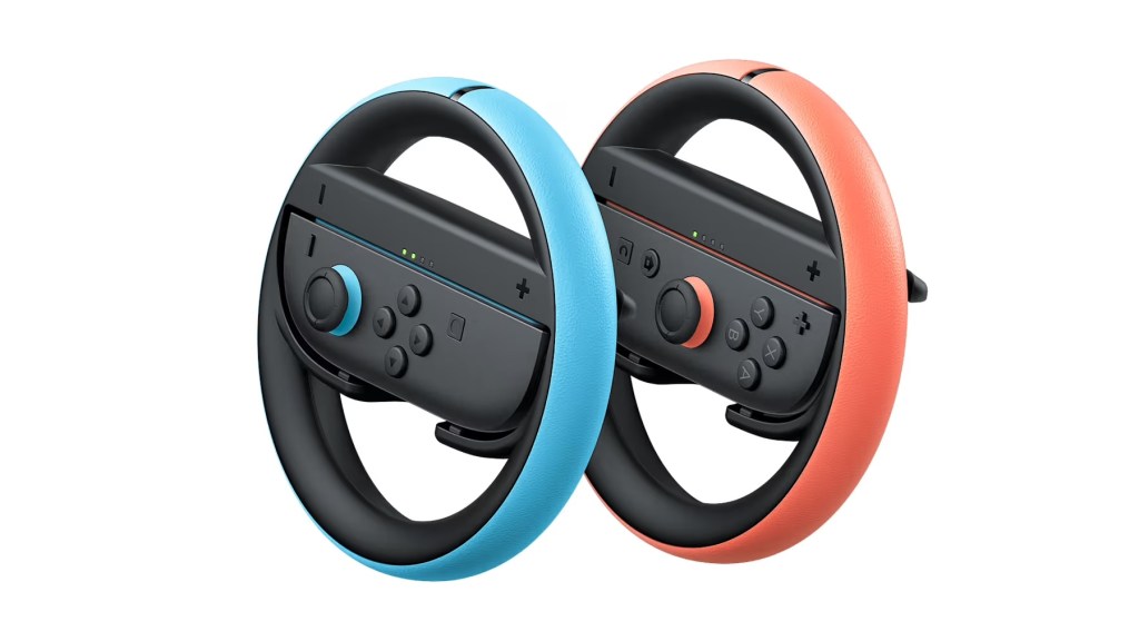 A black and blue video game steering wheel