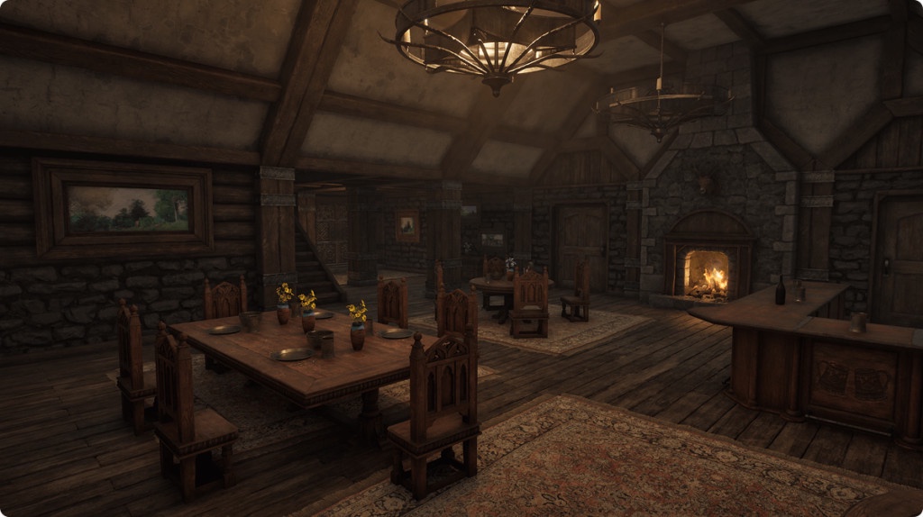 A room with a fireplace and a table
