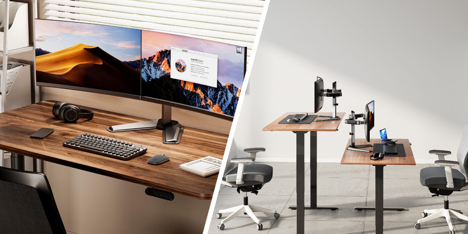 A collage of a desk with a computer and a monitor