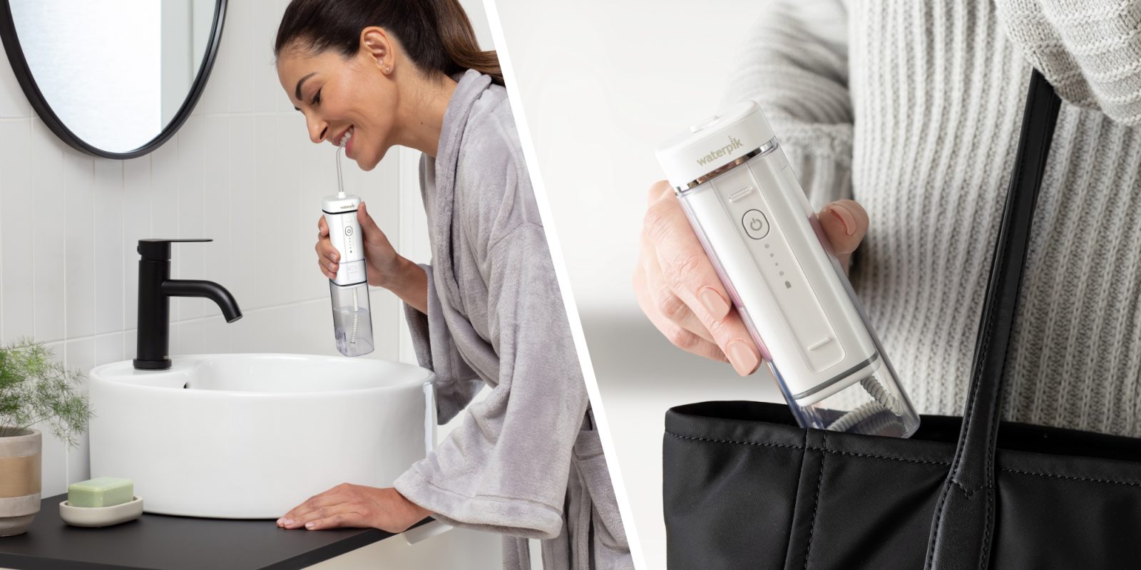 A woman holding a device to clean her teeth
