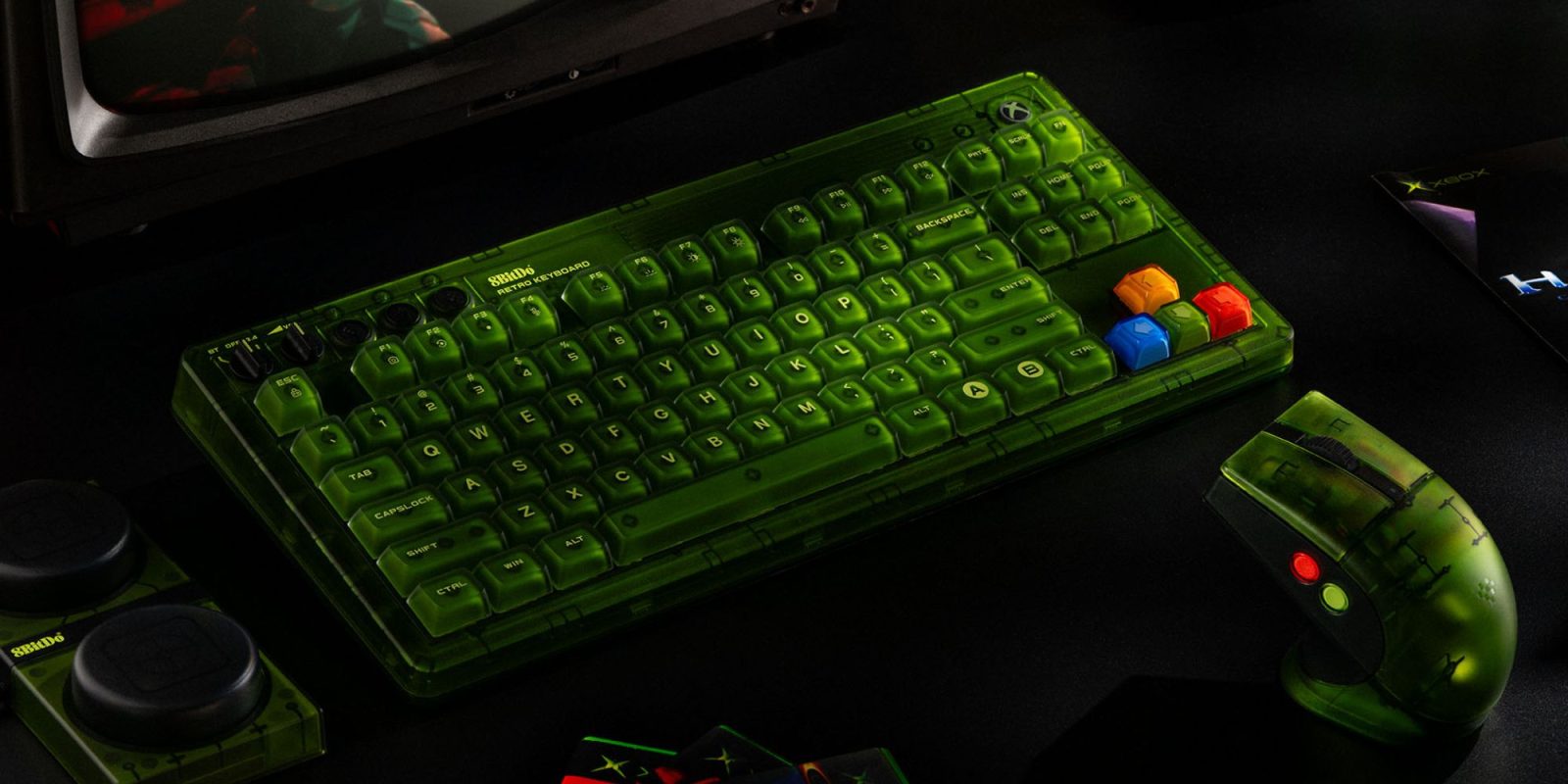 A green keyboard with colorful keys