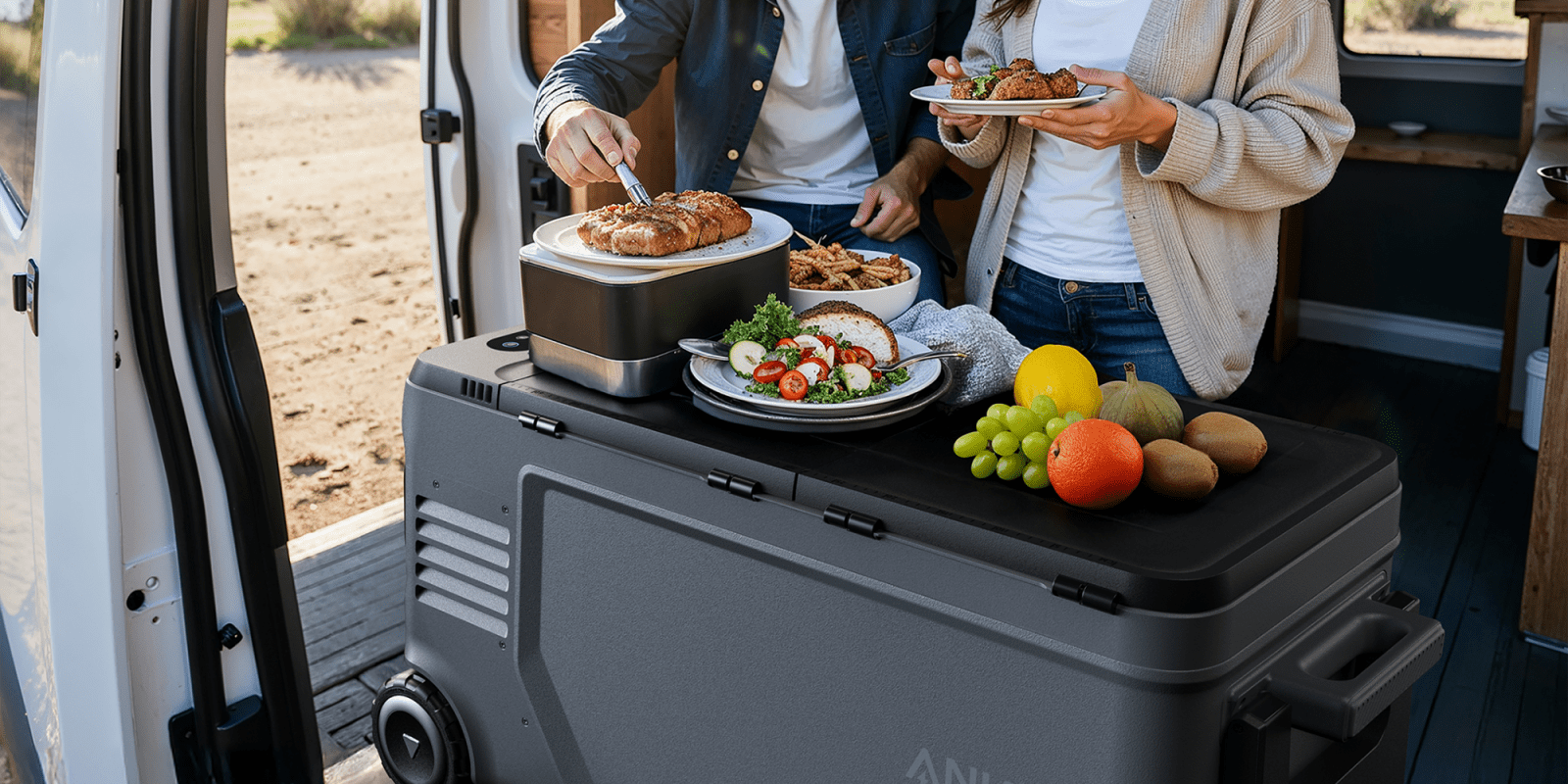 A man and woman standing next to food on a table