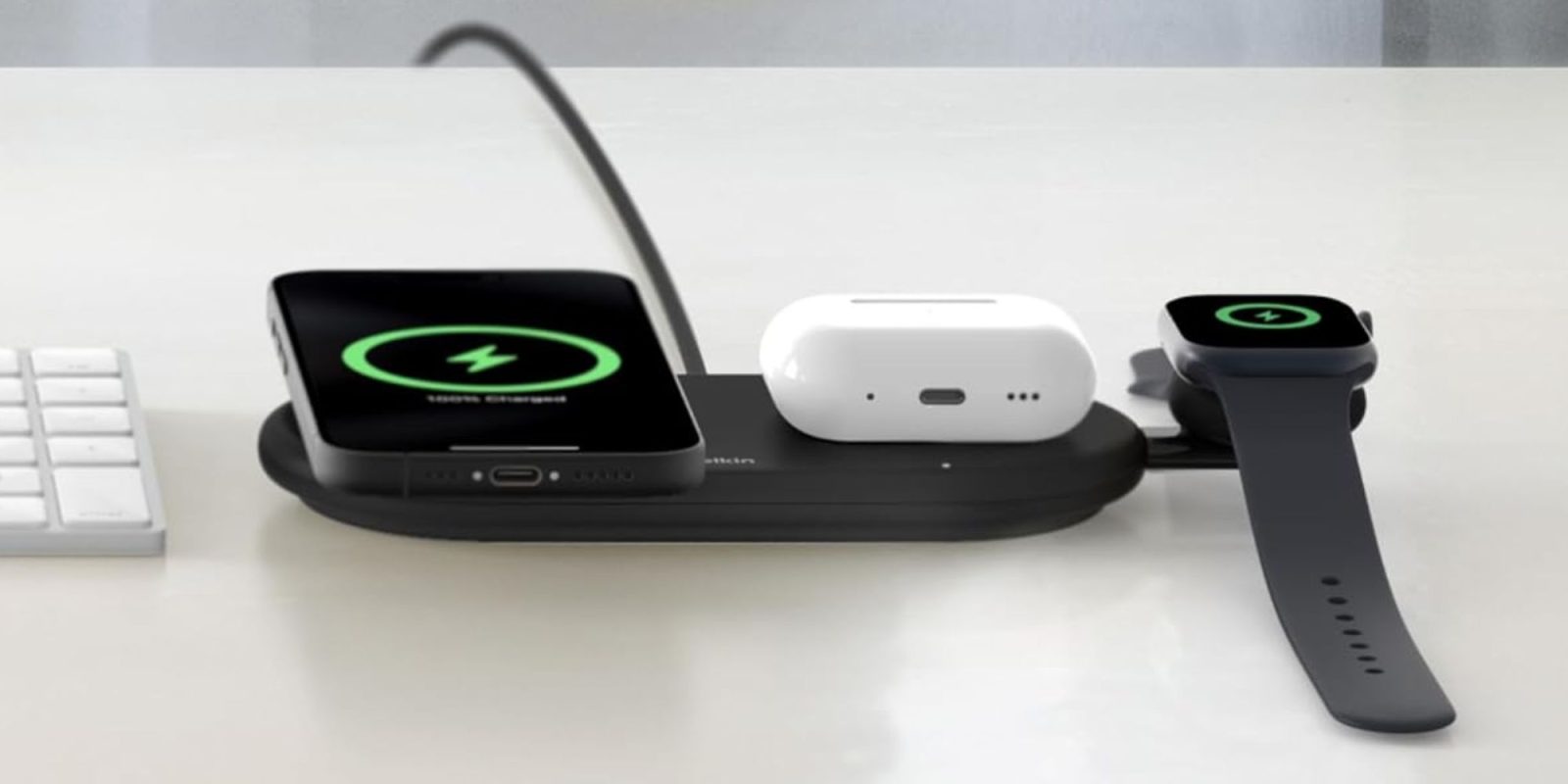 Image showing Belkin's 3-in-1 BoostCharge Qi2 charger.