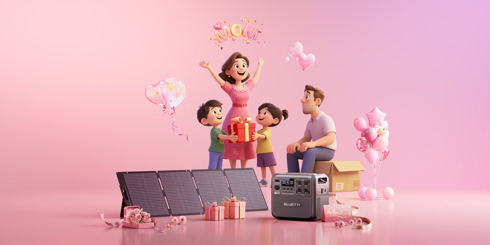 A cartoon of a family with a gift box and solar panels