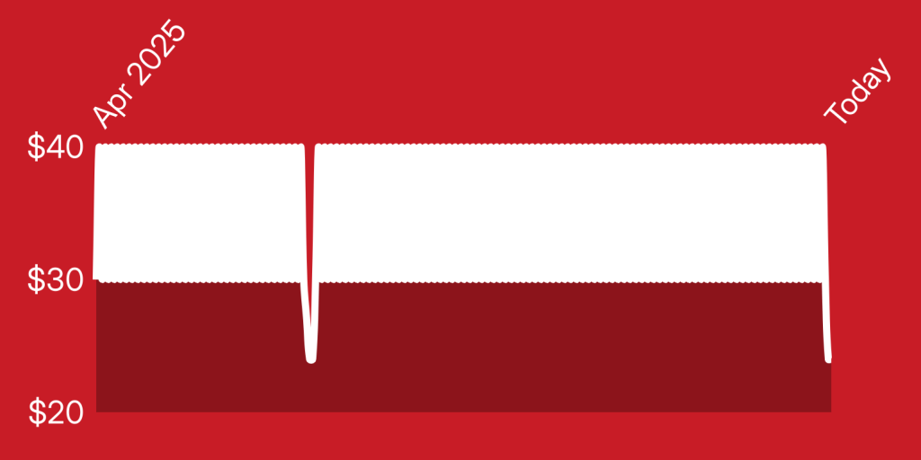 A red and white rectangular object with a white stripe