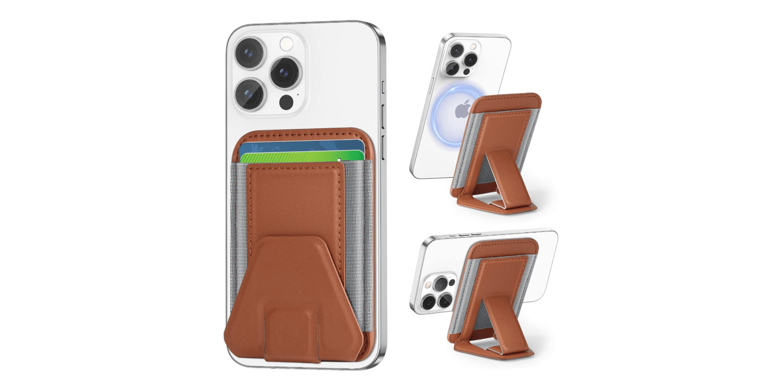 A phone with a leather holder