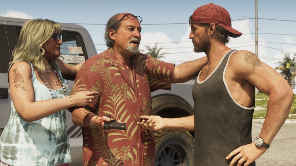 A man holding a gun and another man standing next to a truck