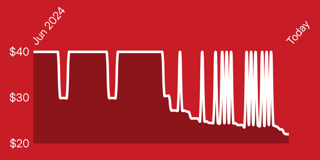 A red and white line drawing of a city
