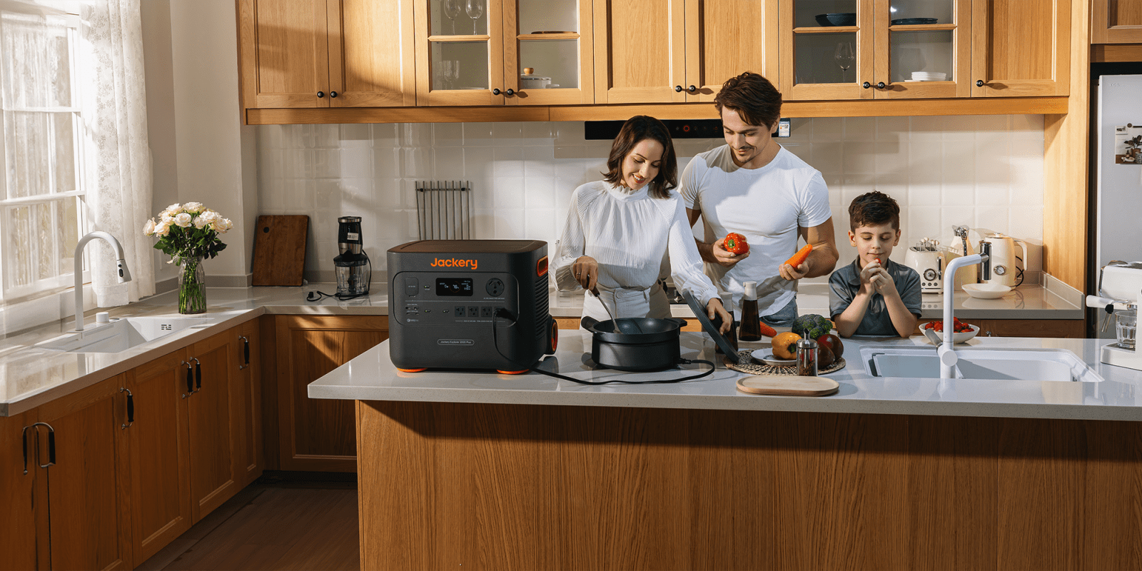 A family cooking in a kitchen