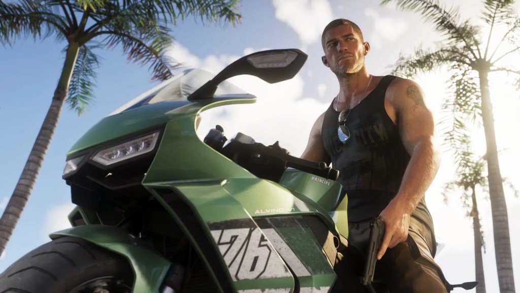 A man holding a gun on a motorcycle