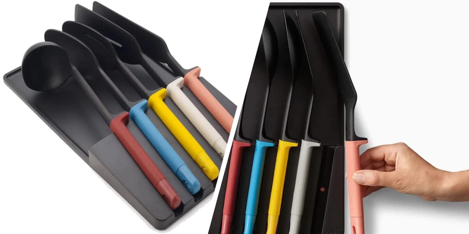 A collage of different colored utensils