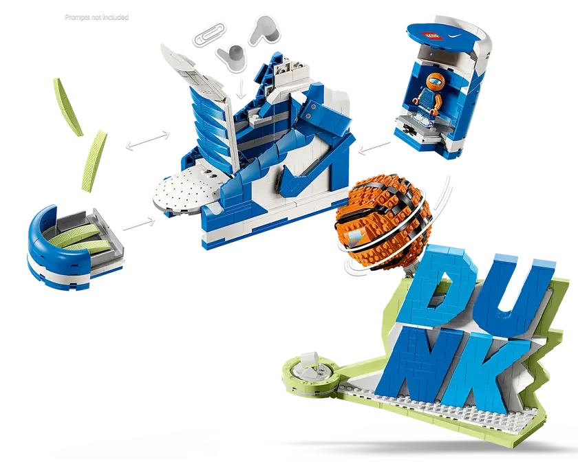 A blue and white LEGO Nike Dunk set
