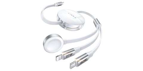 A white headphones with a cable