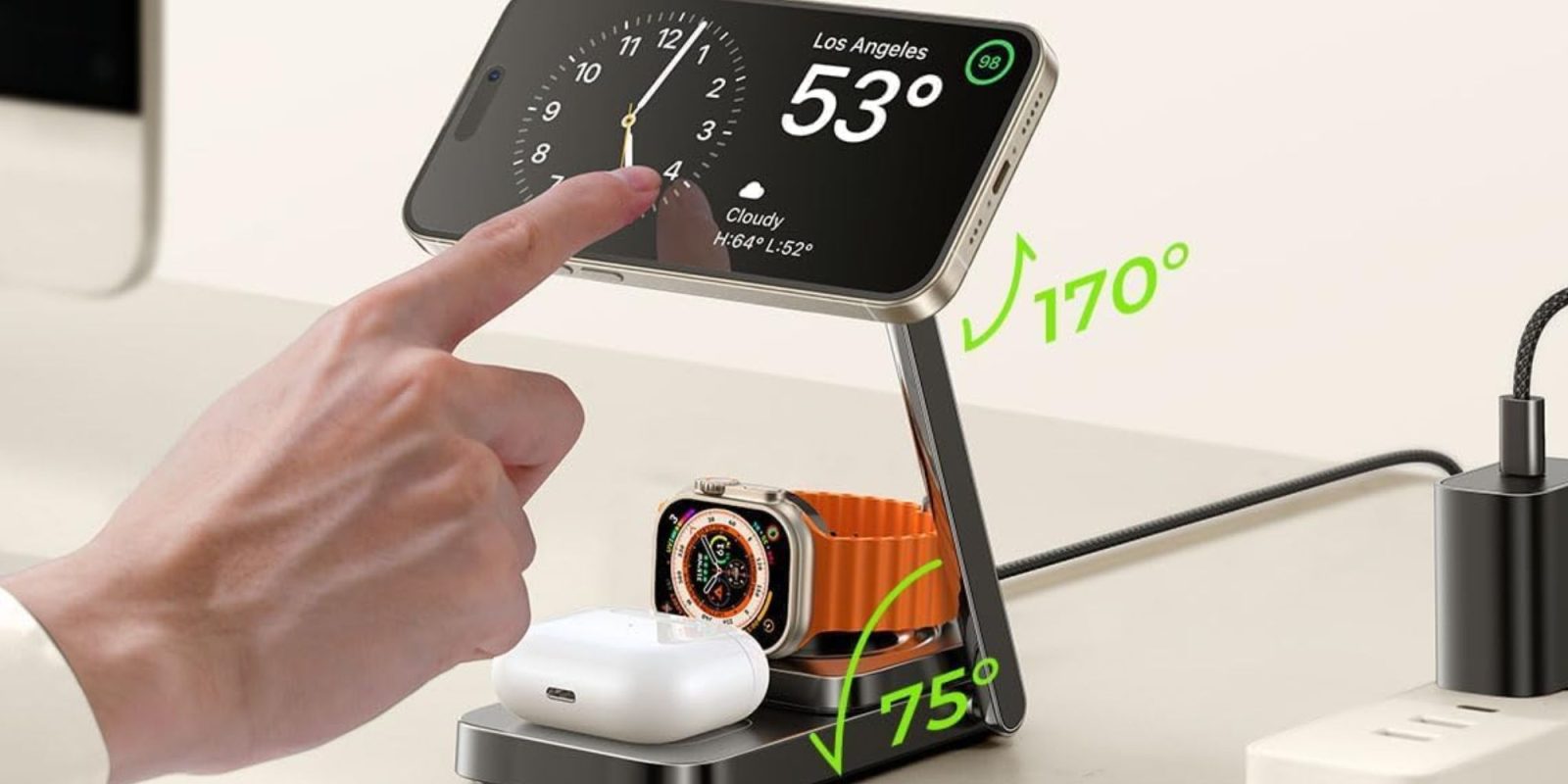 Image showing a person using LISEN's 3-in-1 charging station.