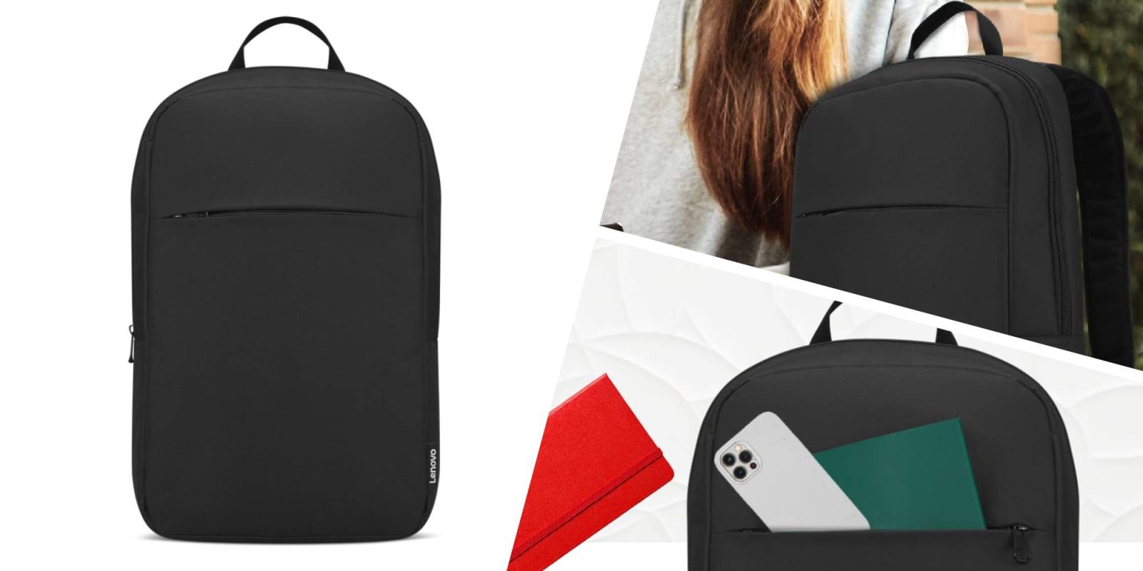 A black backpack with a red case and a red wallet