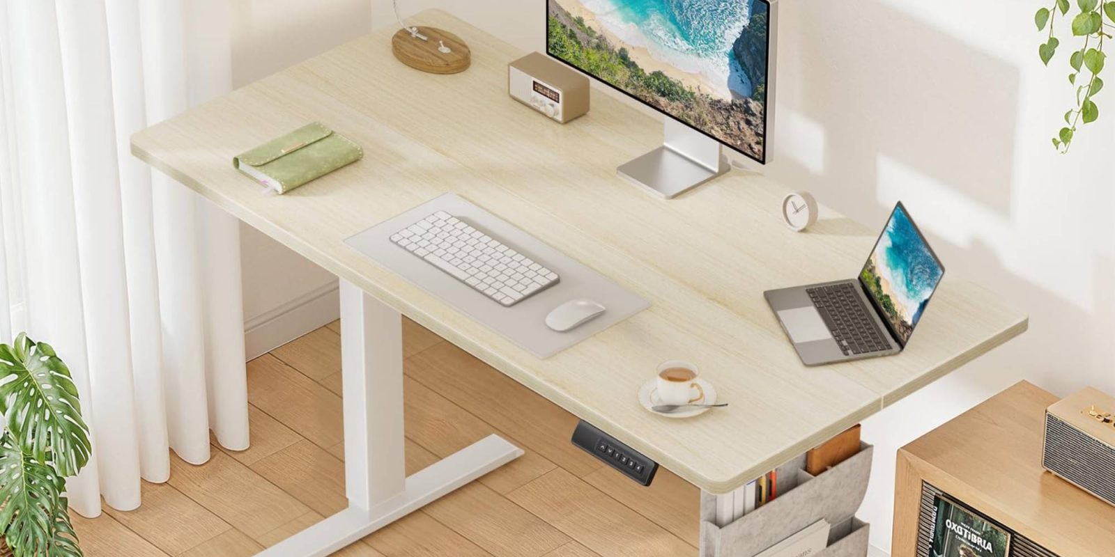 A desk with a computer and a keyboard
