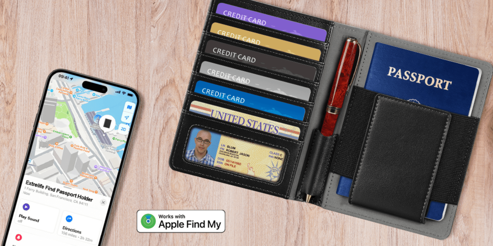 A wallet with credit cards and a pen