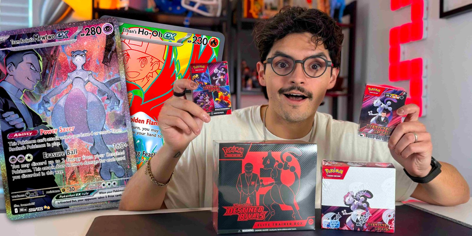 A man holding up a box of action figures