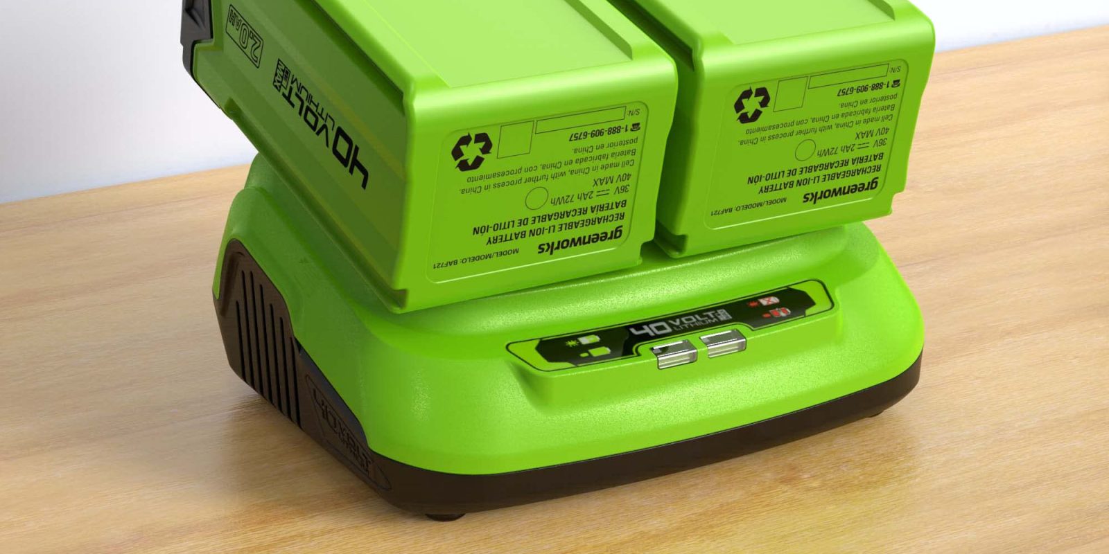 A green battery pack on a table