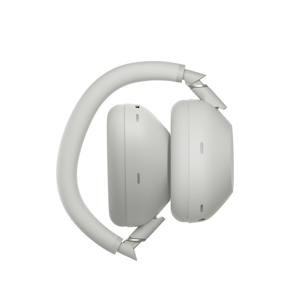 A white headphones with a curved handle