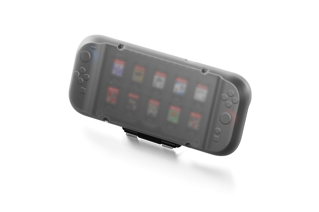 A grey gaming device with many buttons