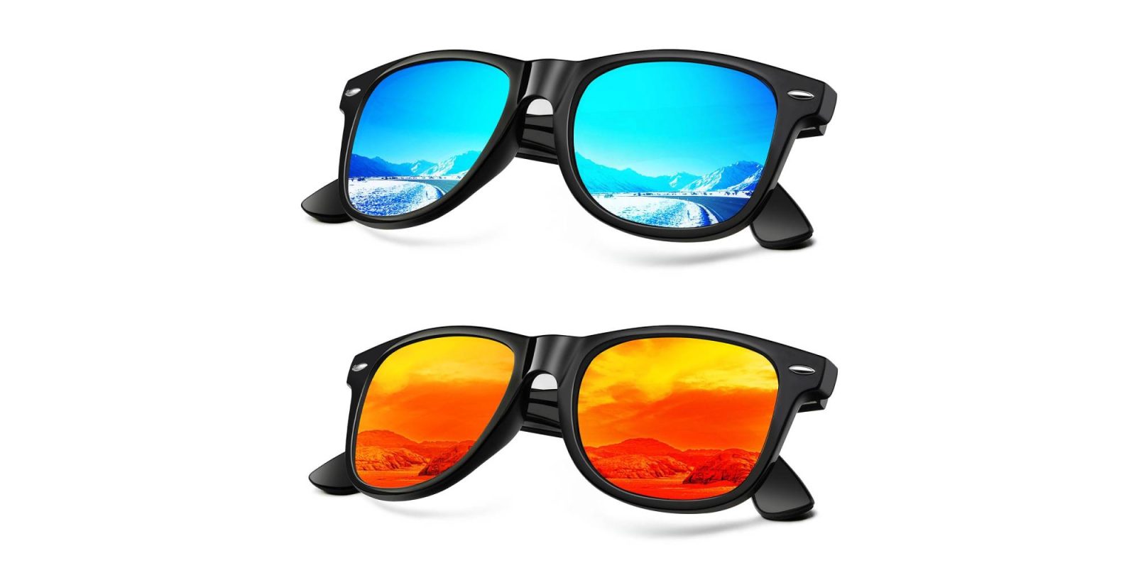 A pair of sunglasses with different colored lenses