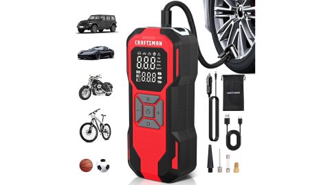 A red and black tire pump