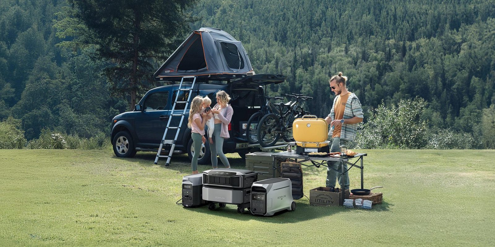A man and two children outside with a tent and luggage