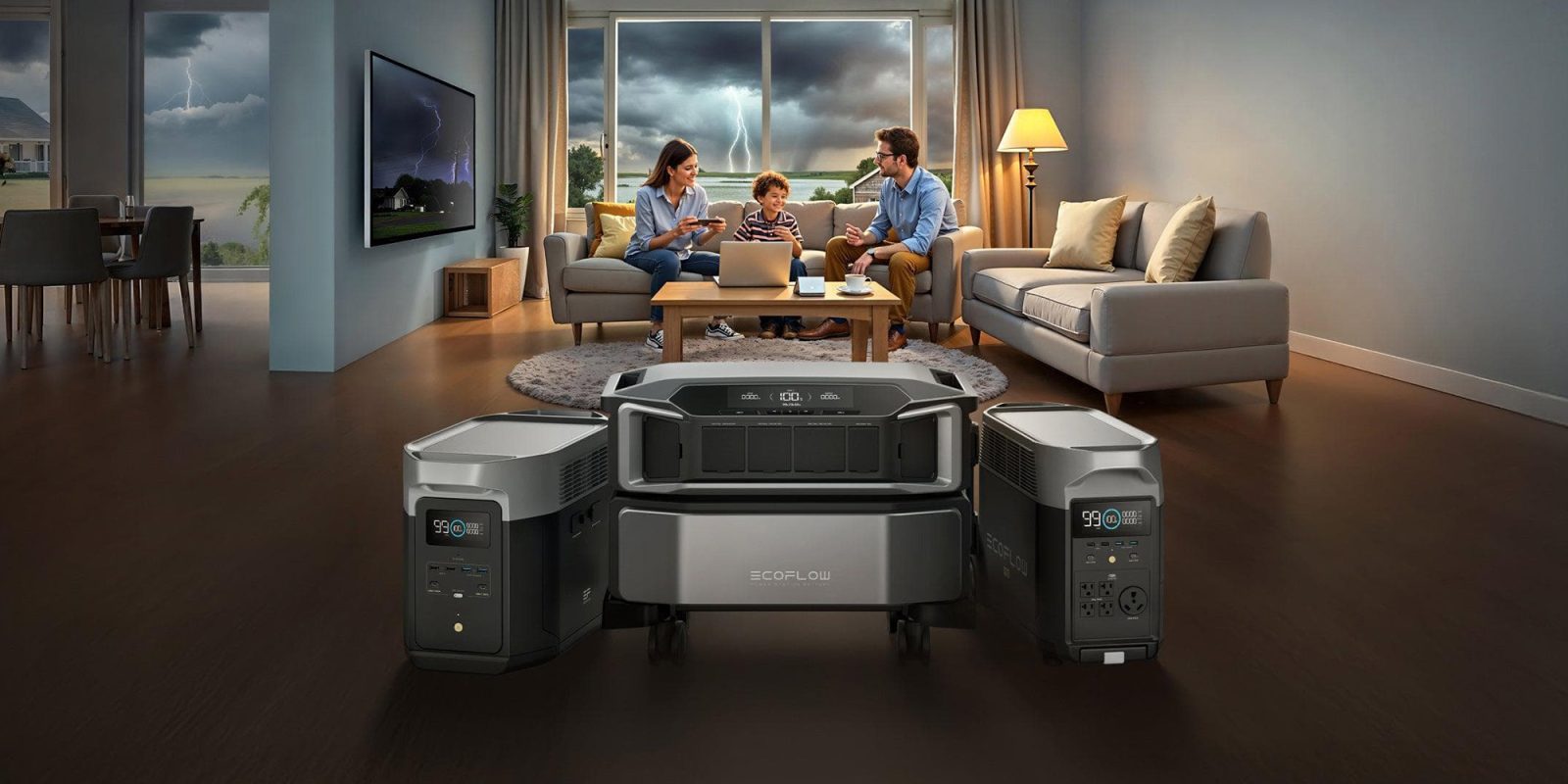 A family sitting in a living room with a laptop and a couple of people