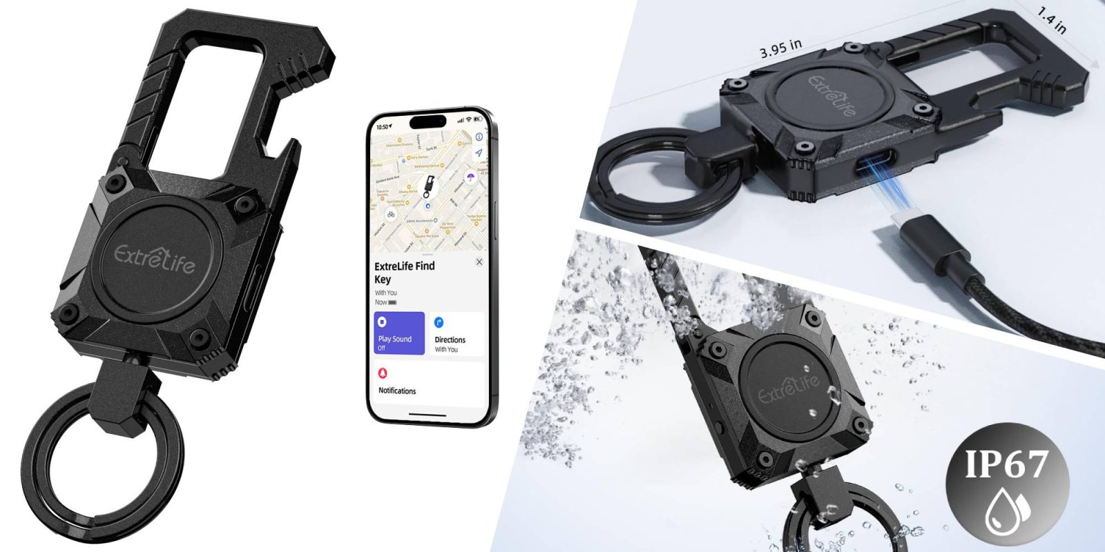 A collage of a cell phone and a key chain