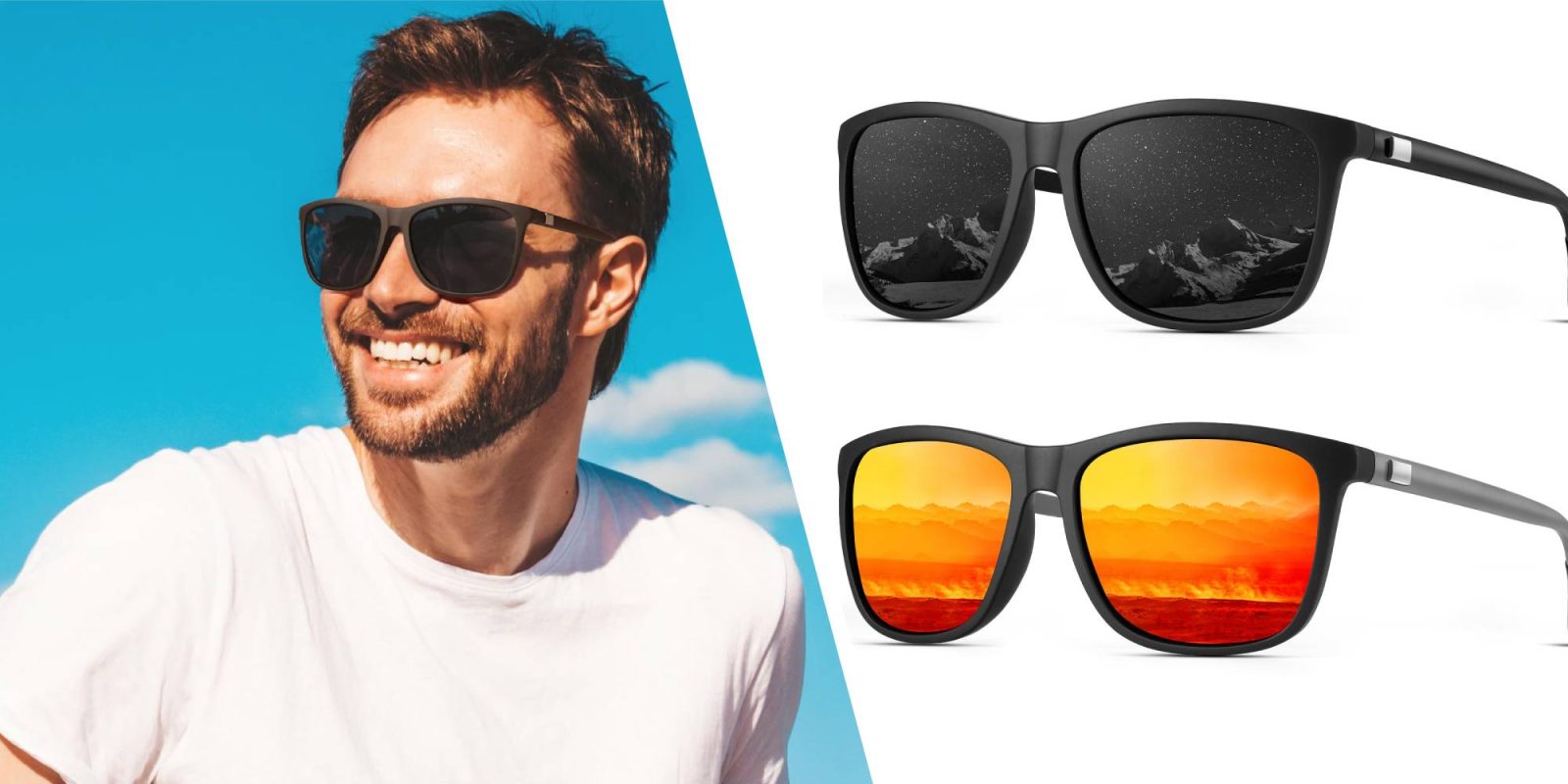 A man wearing sunglasses with reflection of mountains in the background