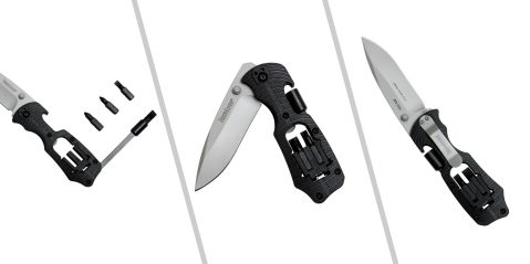 A knife with a black handle