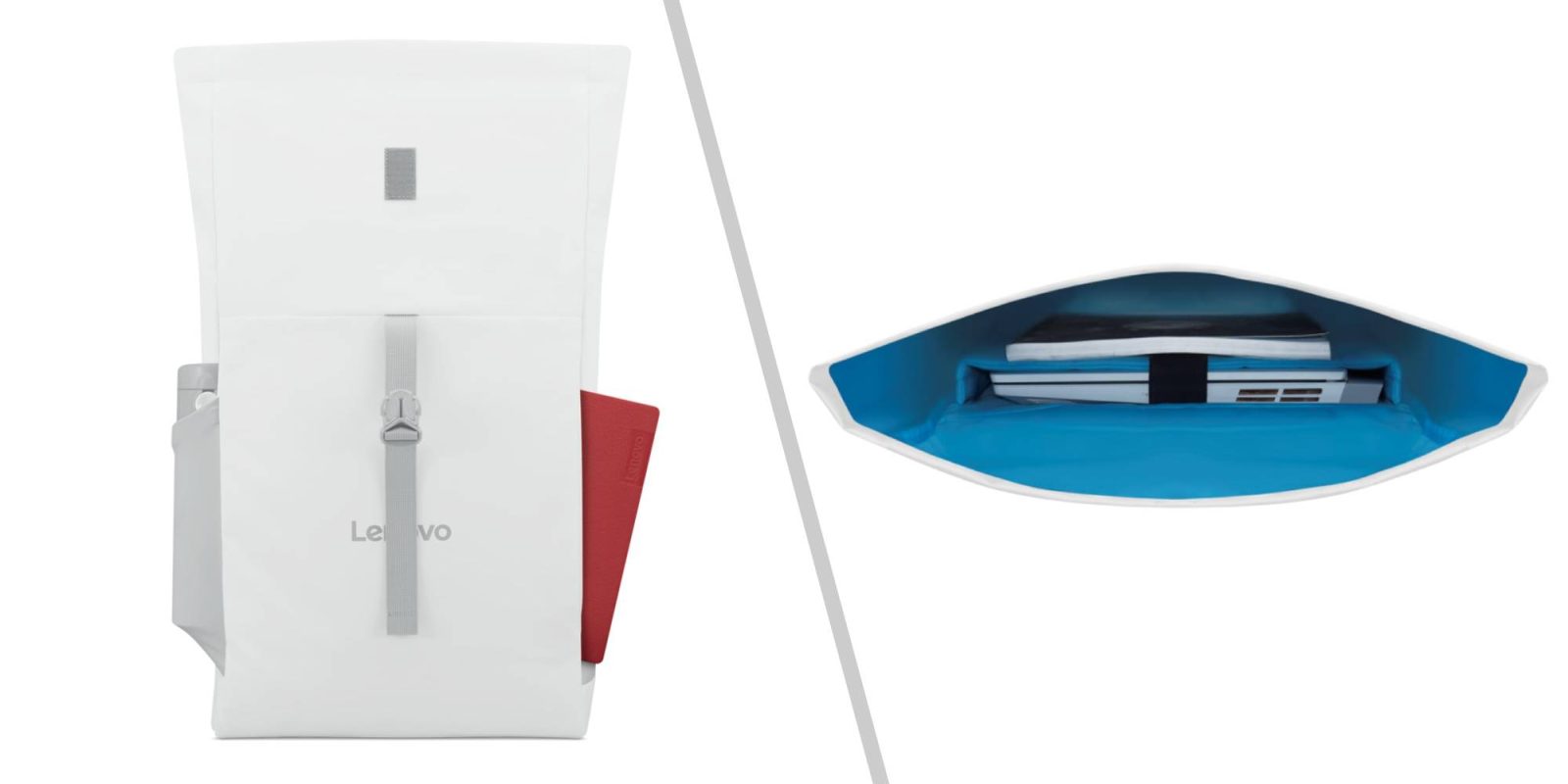 A white bag with a red and blue pouch