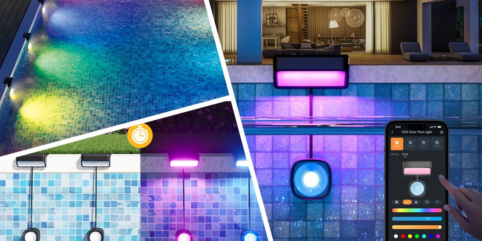 A collage of a pool with lights