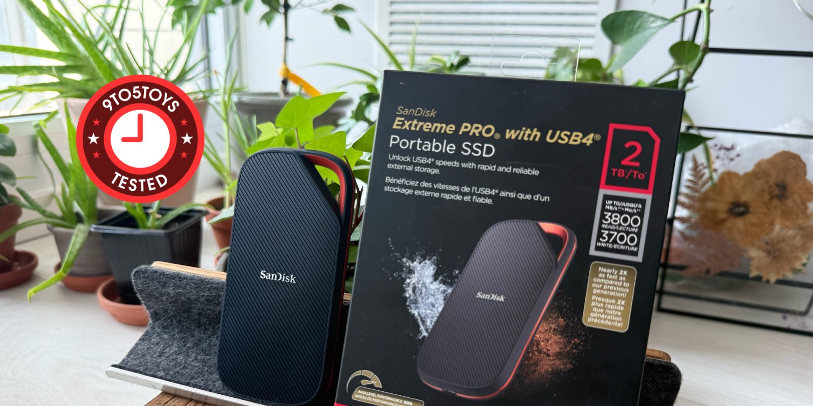 A black and red portable hard drive