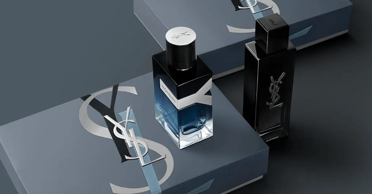 A bottle of perfume on a box