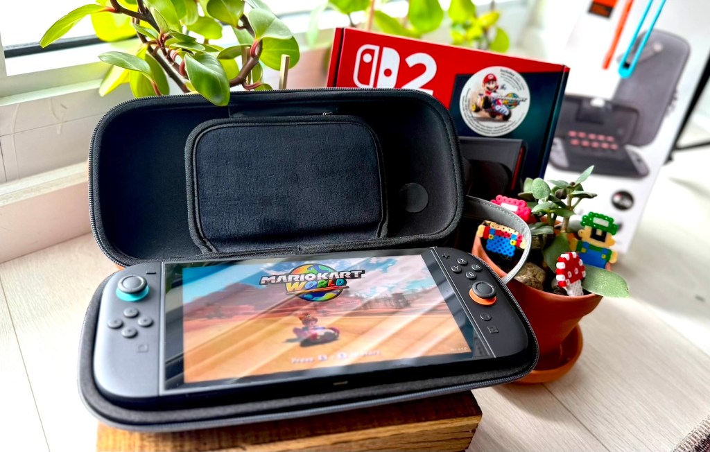 A video game console in a case