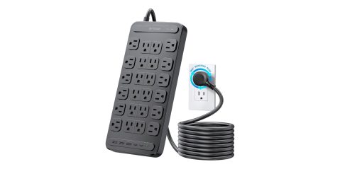 A black power strip with a cord