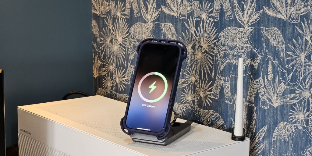 A phone on a stand