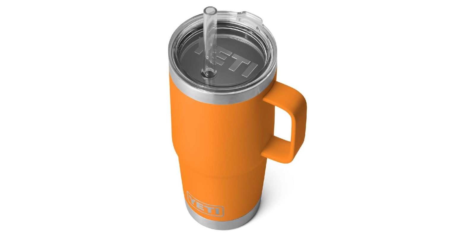 An orange and silver tumbler with a straw
