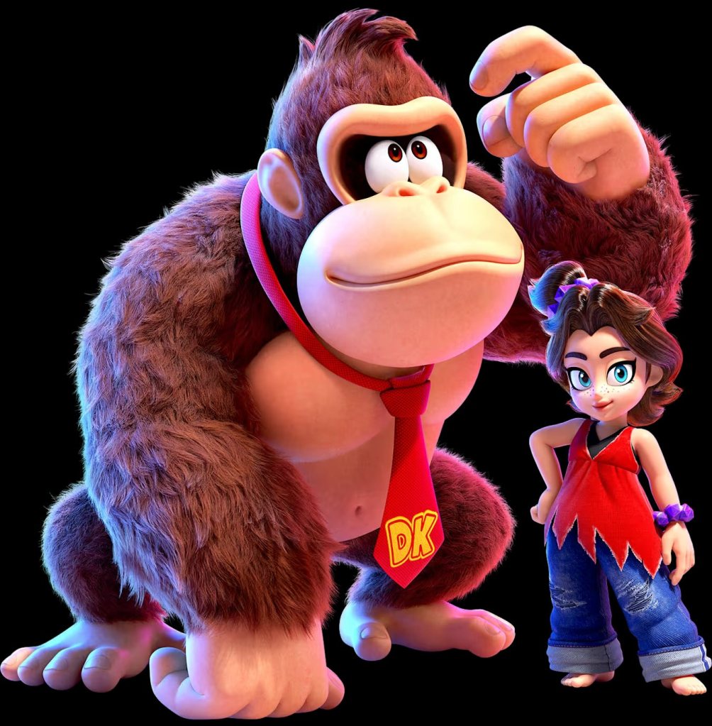 A cartoon gorilla and a girl